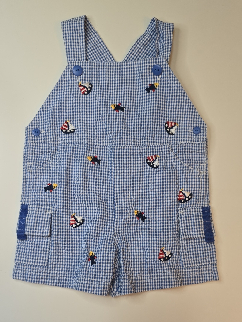 Blue Gingham Embroidered Sailboat Kids Short Overalls
